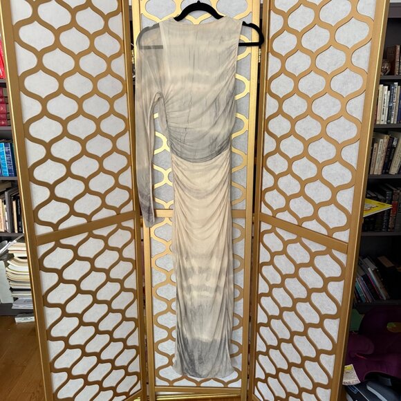 Zara Size M Beige & Gray Tie Dye Printed Tulle Ruched One Shoulder Maxi Dress - Picture 5 of 16